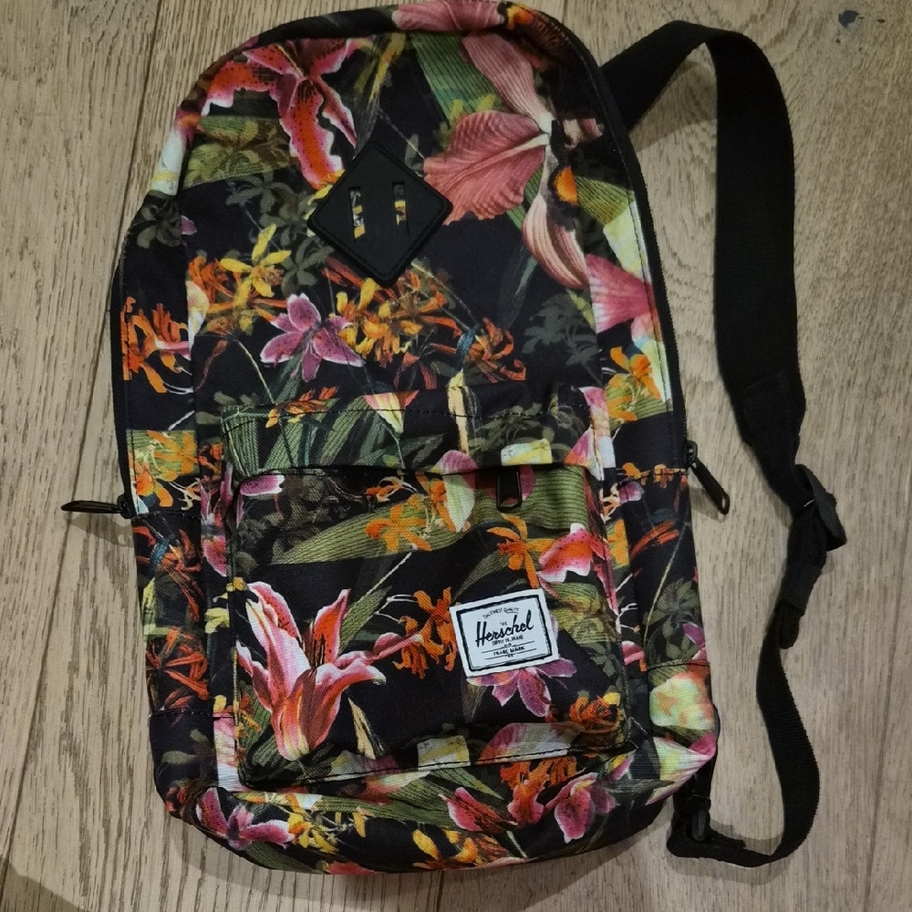Herschel Supply Company Floral Black Backpack with Pink & Green Accents